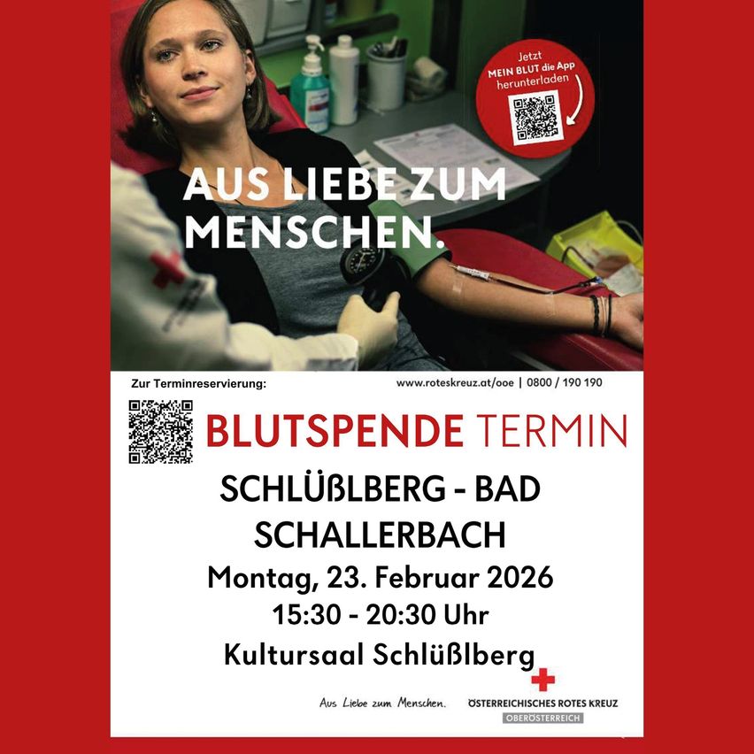 Poster für eine Blutspende-Veranstaltung mit einer Frau, bei der ihr Blut abgenommen wird. Es ermutigt Menschen, Blut für andere zu spenden, mit Angaben zum Veranstaltungsdatum und -ort.