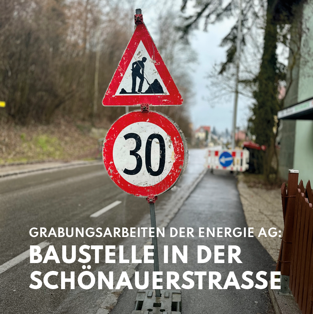 Ein Straßenschild weist auf ein Tempolimit von 30 km/h hin. Ein Baustellenschild darüber warnt vor laufenden Grabungsarbeiten. Die Szene spielt sich auf einer Straße mit Gehweg ab. Bäume und ein Gebäude sind im Hintergrund zu sehen.
