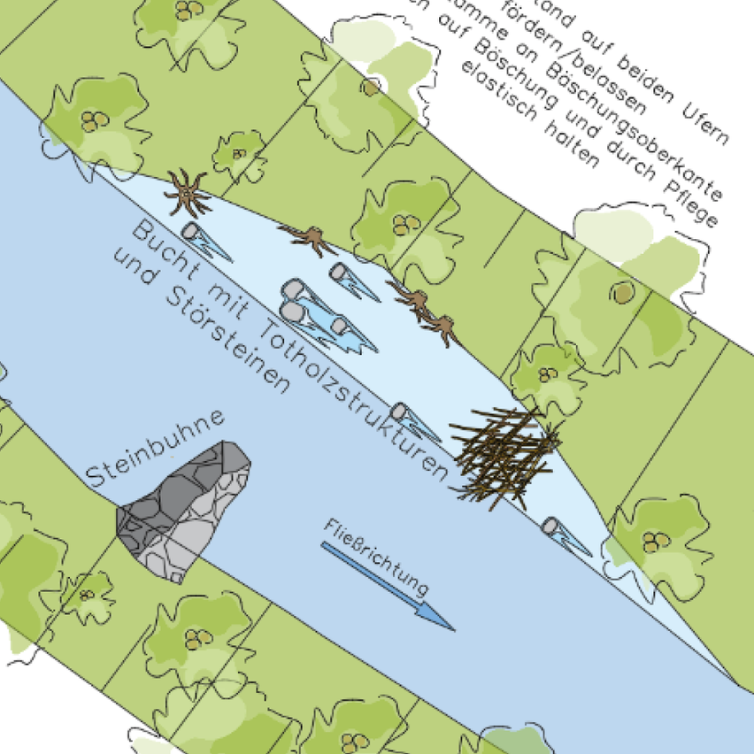 Eine Illustration, die einen Fluss mit einem Steindamm, Steinen und Pflanzen an den Seiten zeigt. Der Text beschreibt die Merkmale des Flusses und die Umgebung.