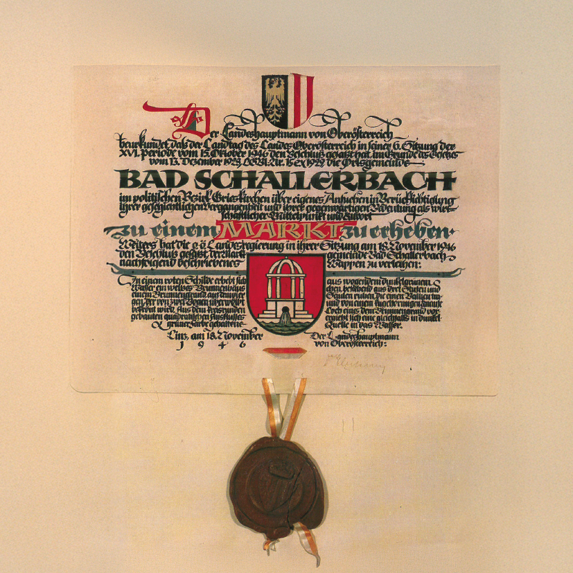 Ein offizielles Dokument aus Bad Schallerbach, Deutschland, datiert auf 1821, mit einem Siegel und einem Wappen. Der Text ist in Schwarz und Rot, mit einem roten Rand.