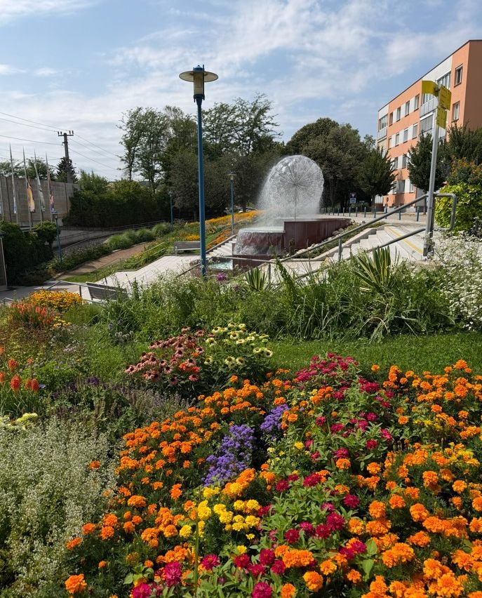 Ein farbenfroher Garten mit verschiedenen bunten Blumen und einer Brunnenanlage in der Mitte, umgeben von Bäumen und einem Gebäude im Hintergrund.