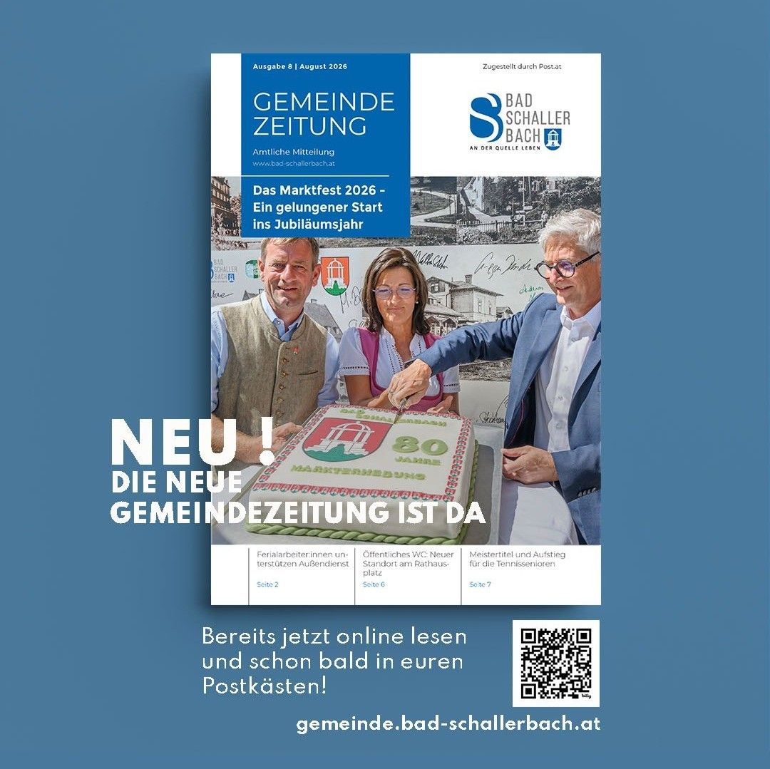 Poster for the Gemeinde Zeitung, featuring a cake-cutting ceremony with three individuals, a QR code, and a blue background.
