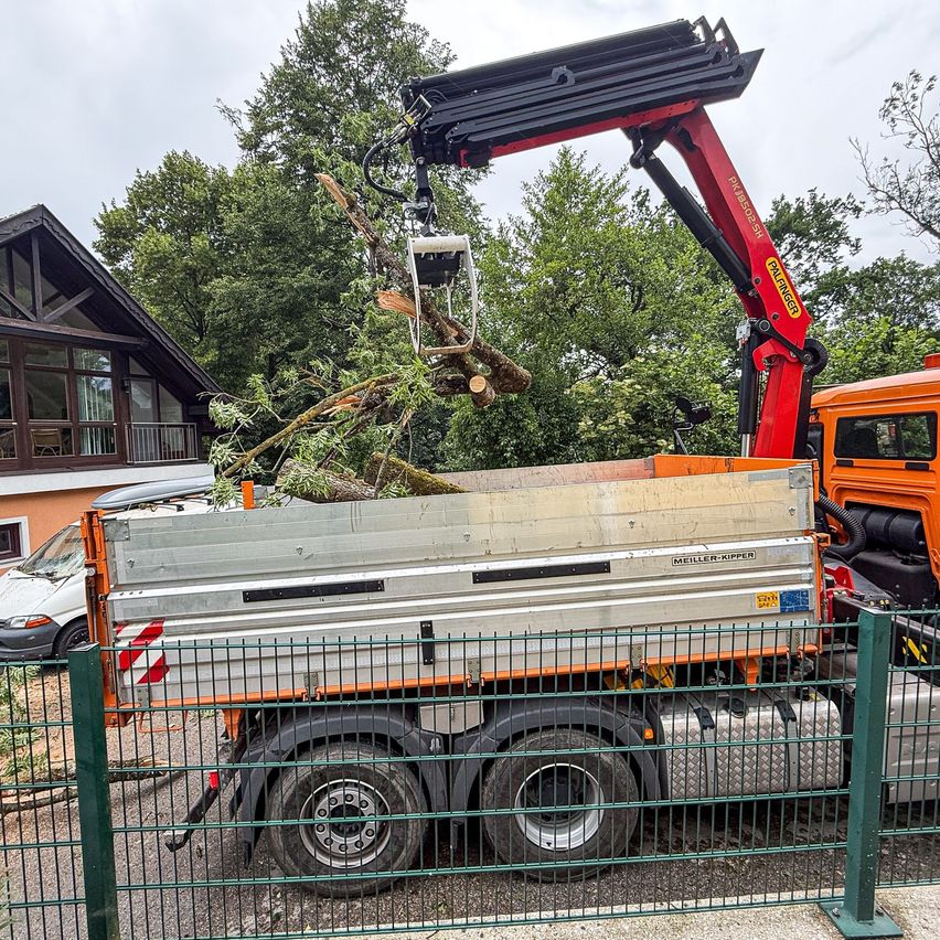 Ein großer Lkw ist neben einem Haus geparkt, ausgestattet mit einem Kran, der einen Baumast hält. Der Lkw steht vor einem Zaun, und im Hintergrund befinden sich ein Gebäude und ein Auto.