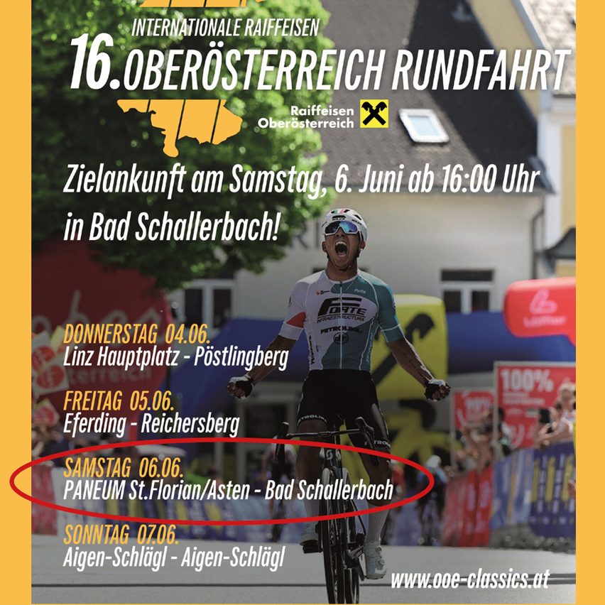 Internationale Raiffeisen 16.Oberosterreich Runfahrt. Saturday, June 6, 16:00 in Bad Schallerbach. Dates and locations include June 4, Linz, June 5, Eferding, June 6, Paneum, and June 7, Aigen.