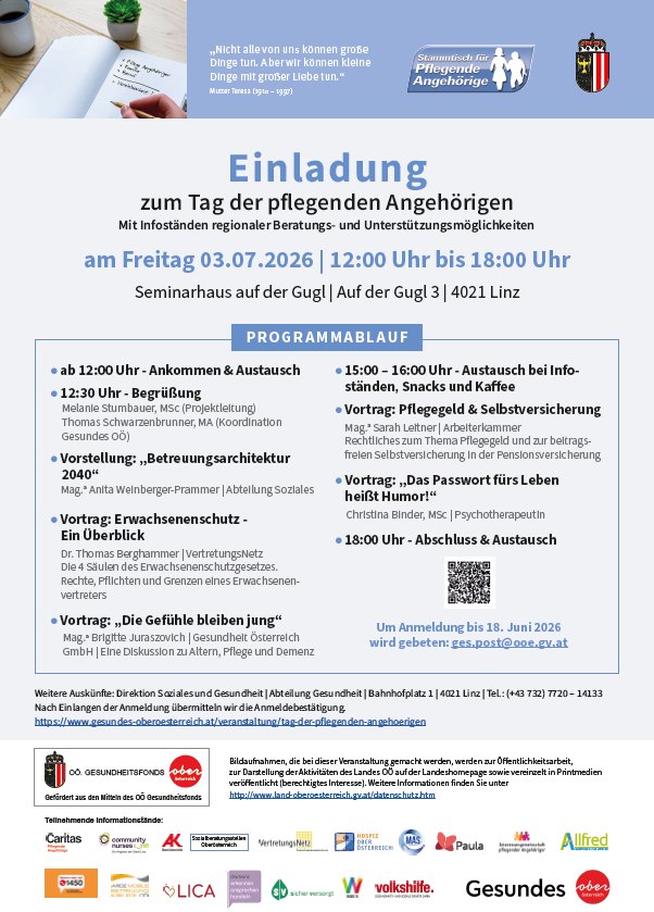 Invitation to the Day of Caring Relatives. Seminar on July 3, 2026 from 12:00 to 18:00. Various presentations on caring for relatives, pension insurance, and adult protection. Further information on www.gesundheits-oberosterreich.at/veranstaltung/tag-der-pflegenden-angehoerigen.