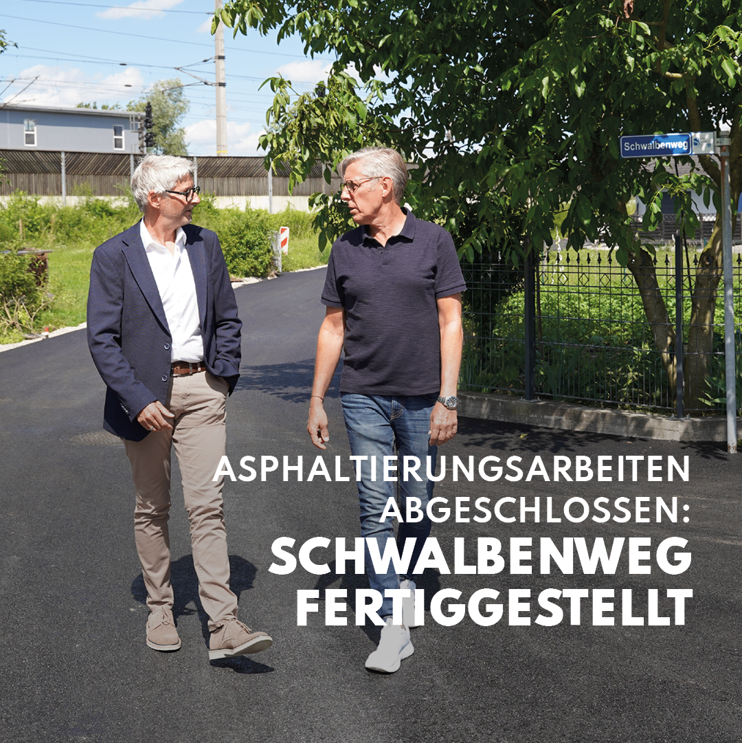 Zwei Männer gehen auf einer Straße, vorbei an einem Straßenschild, das 'Schwalbenweg' sagt. Asphaltierungsarbeiten abgeschlossen, mit Textüberlagerung, die 'Asphaltierungsarbeiten geschlossen: Schwalbenweg fertig gestellt' sagt.
