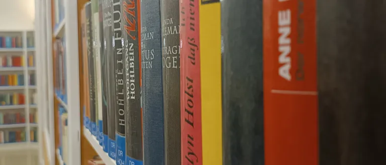 Ein Bibliotheksgang gefüllt mit Büchern, darunter Titel von Dr. Hoch, Dr. Hol und Dr. P. Die Bücher sind in Reihen auf Regalen angeordnet.
