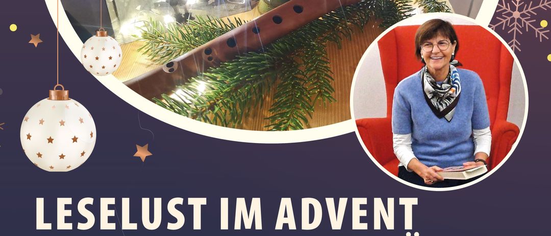 Werbeplakat für die Christkindlmarkt-Veranstaltung. Zeigt Eva Kistner, die ein Buch liest, eine Flöte und einen Weihnachtsbaum. Der Text lautet 'Leselust im Advent mit zarten Klänge' und das Datum der Veranstaltung ist Samstag, 6. Dezember 2025 um 10 Uhr.