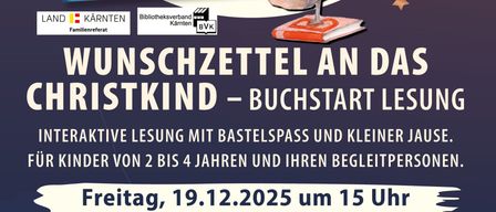 Werbeplakat für eine Weihnachtslesung für Kinder. Zeigt eine Illustration von Kindern beim Lesen und einer Frau. Die Veranstaltung findet am Freitag, 19.12.2025 um 15 Uhr in der Stadtbücherei Feldkirchen statt.