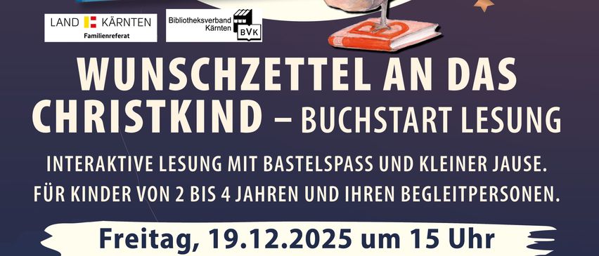 Werbeplakat für eine Weihnachtslesung für Kinder. Zeigt eine Illustration von Kindern beim Lesen und einer Frau. Die Veranstaltung findet am Freitag, 19.12.2025 um 15 Uhr in der Stadtbücherei Feldkirchen statt.