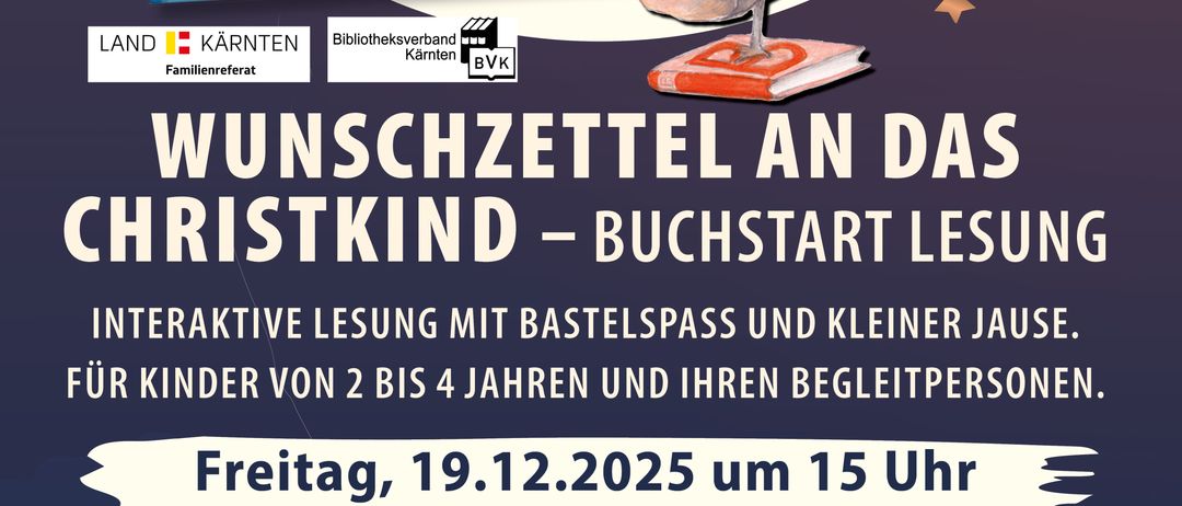 Werbeplakat für eine Weihnachtslesung für Kinder. Zeigt eine Illustration von Kindern beim Lesen und einer Frau. Die Veranstaltung findet am Freitag, 19.12.2025 um 15 Uhr in der Stadtbücherei Feldkirchen statt.