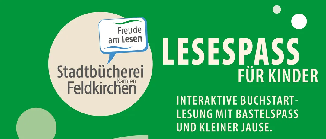 Plakat für eine kostenlose Kinderbuchveranstaltung in der Stadtbuecherei Feldkirchen. Die Veranstaltung bietet eine interaktive Lesung mit Bastelpass und kleiner Jaus für Kinder von 2 bis 4 Jahren und ihre Begleitpersonen. Sie ist für Freitag, 2. Oktober 2026, um 15 Uhr geplant.