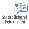 Das Logo der Stadtbibliothek Feldkirchen in Kärnten, Österreich. Es zeigt eine Sprechblase mit den Worten 'Freude am Lesen' über einem Wappenschild.