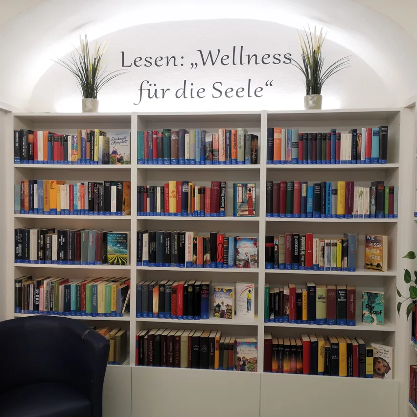 Ein Bücherregal mit mehreren Reihen von Büchern. Über dem Regal befindet sich eine weiße Wand mit den Worten 'Lesen: Wellness für die Seele' und zwei Topfpflanzen.