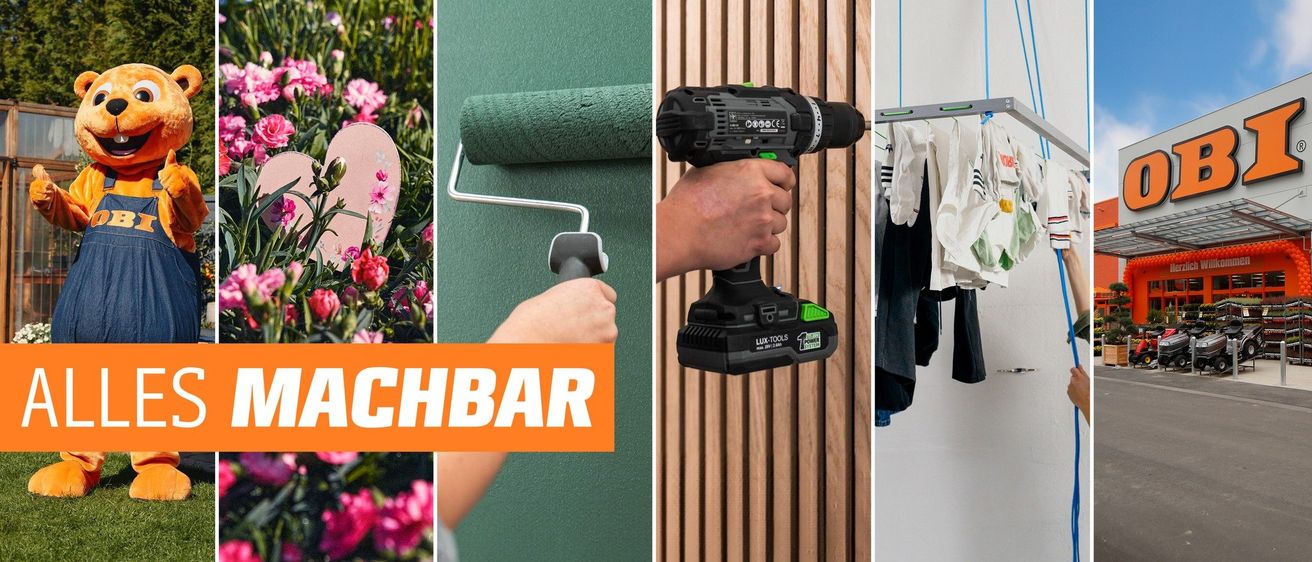 Drei Bilder: Ein Garten mit rosa und blauen Blumen, eine Person, die eine grüne Wand streicht, und eine Person, die eine Bohrmaschine benutzt.