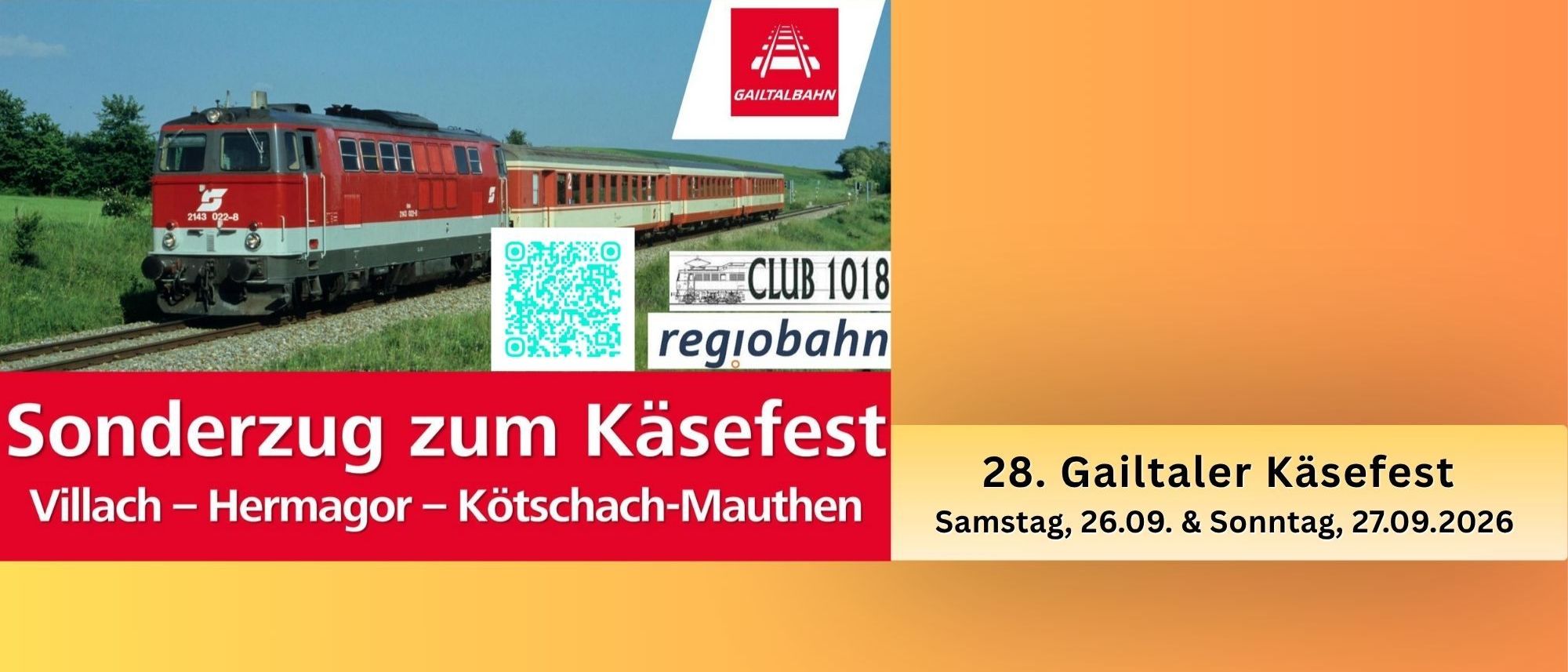 Plakat für das 28. Gailtaler Käsefest, mit einem roten Zug auf der Schiene, QR-Code und Veranstaltungsdetails.