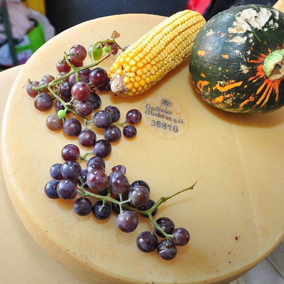 Eine Käseplatte zeigt einen Maiskolben, eine Kürbis und eine Traube darauf.