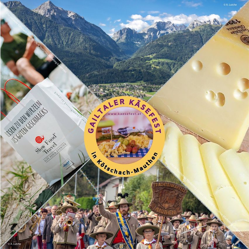 Eine Collage mit Berglandschaft, Käse und einer Gruppe von Menschen in traditioneller Kleidung, die Instrumente spielen. Der Text 'Gailtaler Kasefest' ist prominent angezeigt.
