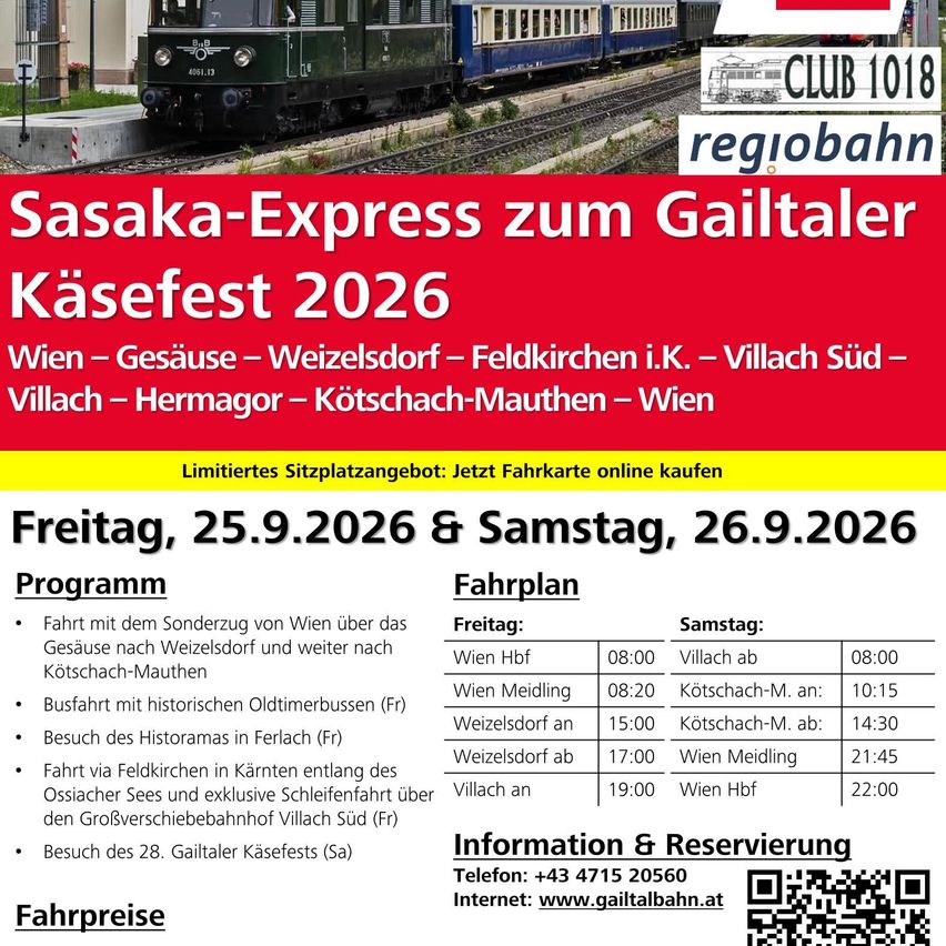 Plakat für den Sasaka-Express-Zug zum Gailtaler Käsefest 2026, mit einem Zug auf den Gleisen, einem Fahrplan und einem QR-Code für Reservierungen.