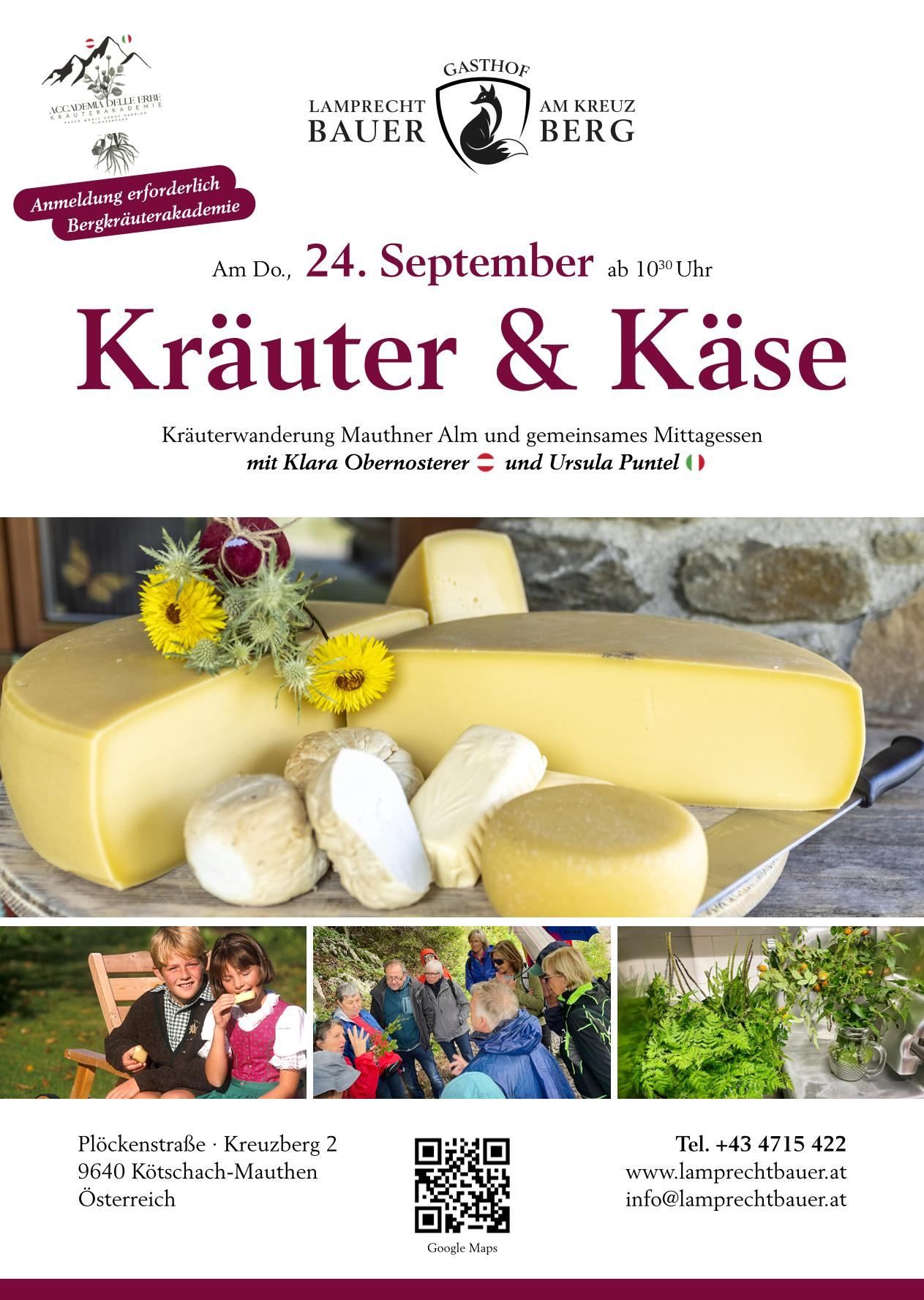 Plakat für eine Käse- und Kräuterveranstaltung mit einem großen Käseblock, Blumen und einer Gruppe von Menschen in einem Garten.