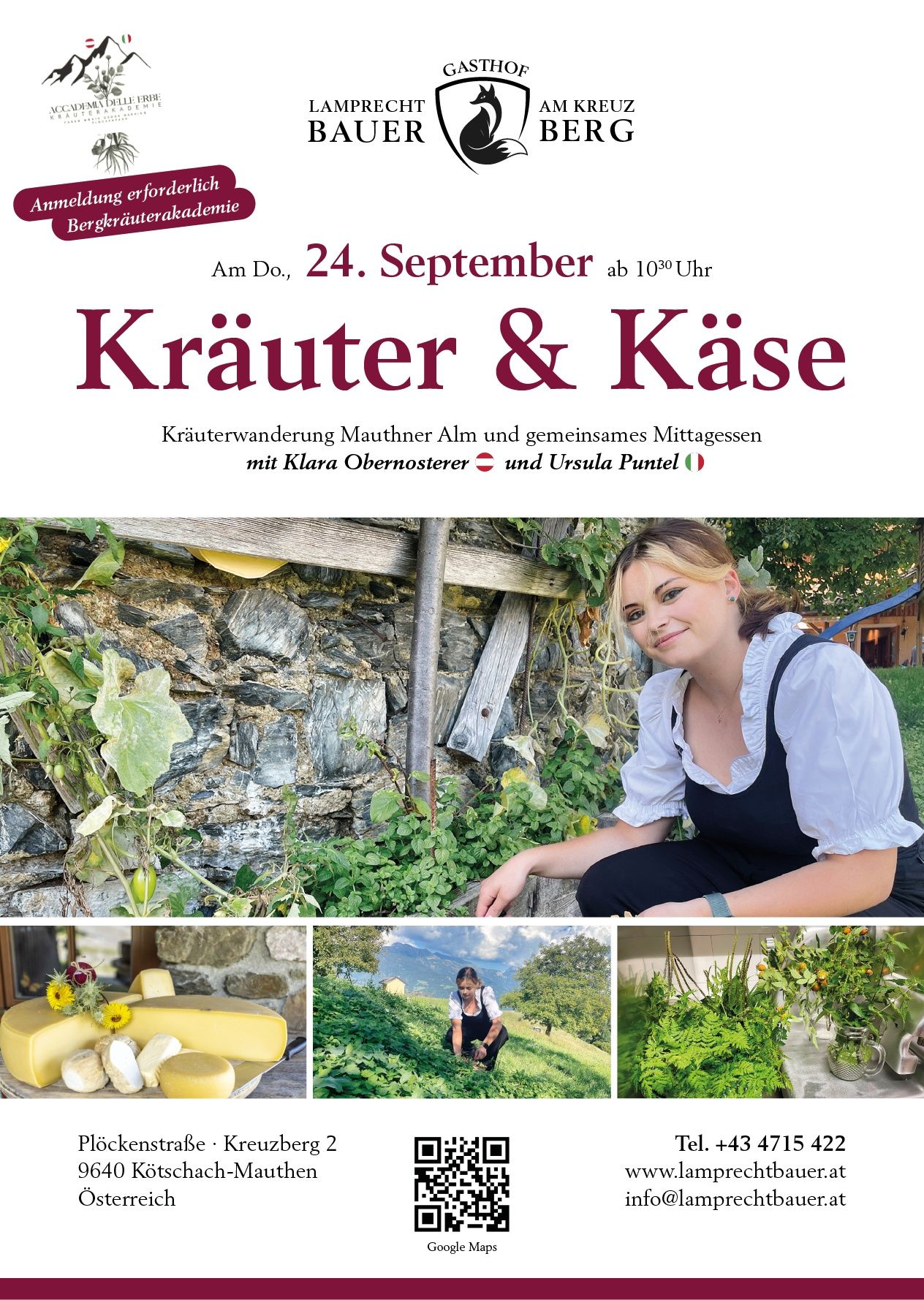 Plakat für eine Kräuter- und Käseveranstaltung am 24. September. Es zeigt eine Frau im Garten, eine Collage von Käse und eine Frau, die auf einem Feld arbeitet.