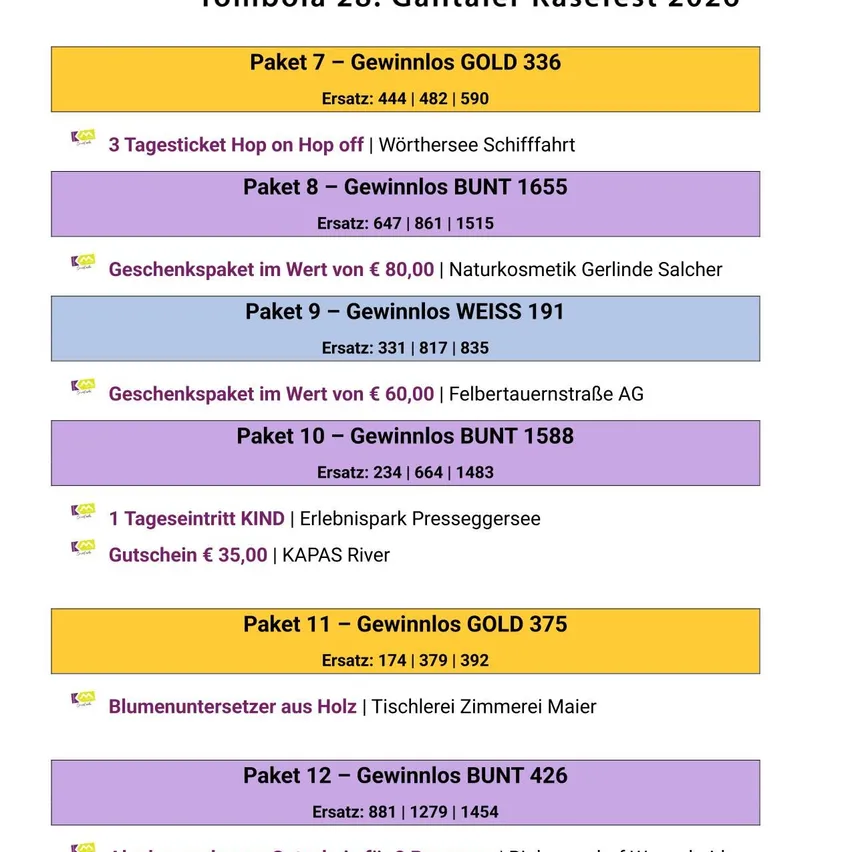 Eine weiße Seite mit einer Liste von Lotterie-Ticket-Preisen, jede mit einem anderen Hintergrund und Text.