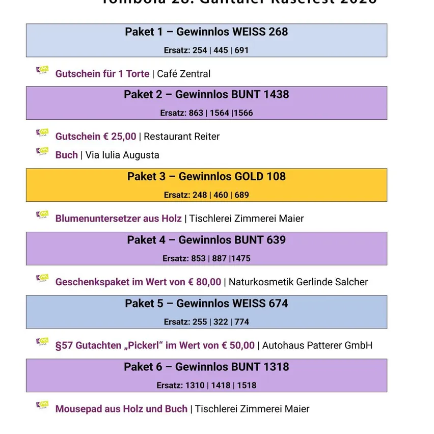Ein Poster mit sechs Gewinnpaketen für die Gailtaler Käsefest 2026 Tombola. Jedes Paket enthält eine Beschreibung des Preises und der Losnummern.
