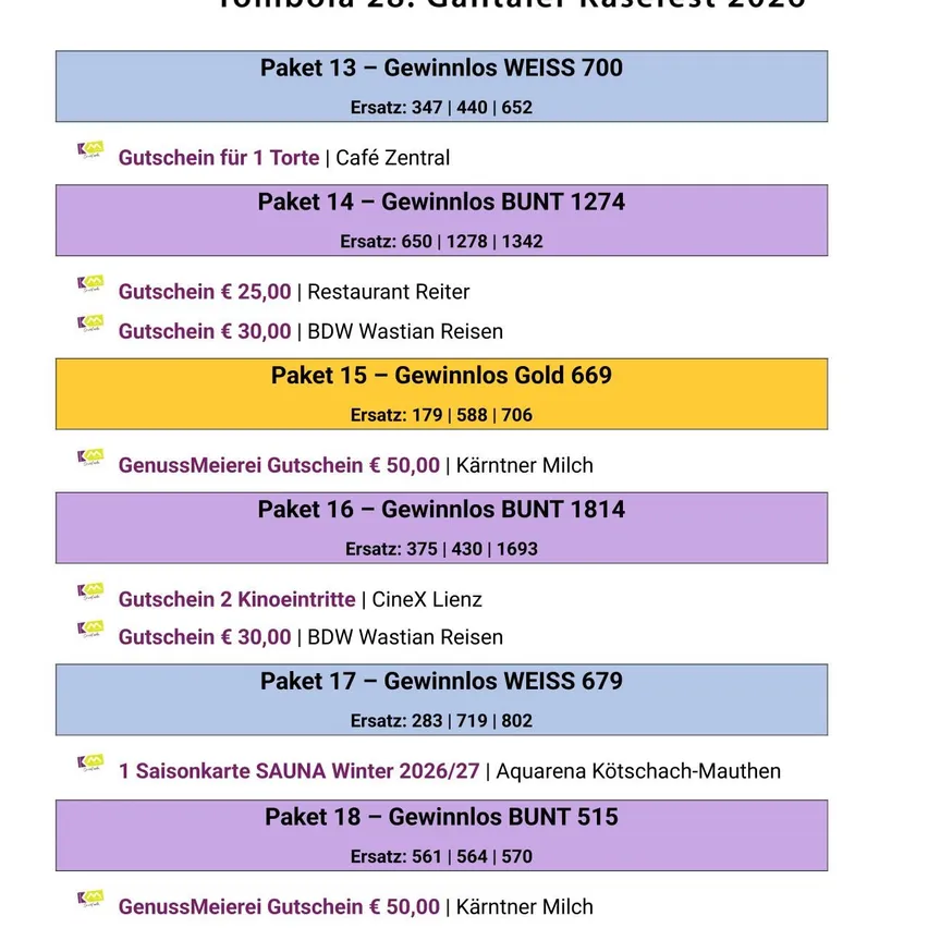 Ein Plakat für die Gailtaler Käsefest 2026 Lotterie, mit verschiedenen Preisen und Losnummern.