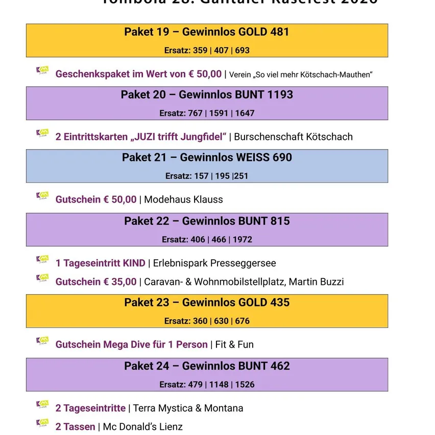 Ein Werbebild für eine Tombola-Veranstaltung mit dem Titel 'Gewinne Tombola 28. Gailtaler Käsefest 2026'. Das Bild listet verschiedene Preispakete und die entsprechenden Losnummern auf.