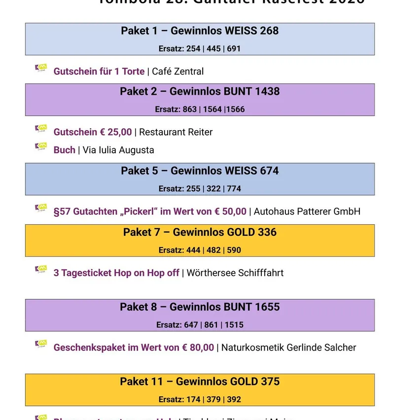 Ein Plakat, das die Gailtaler Käsefest 2026-Tombola bewirbt, mit verschiedenen Gewinnpaketen und den entsprechenden Losnummern.