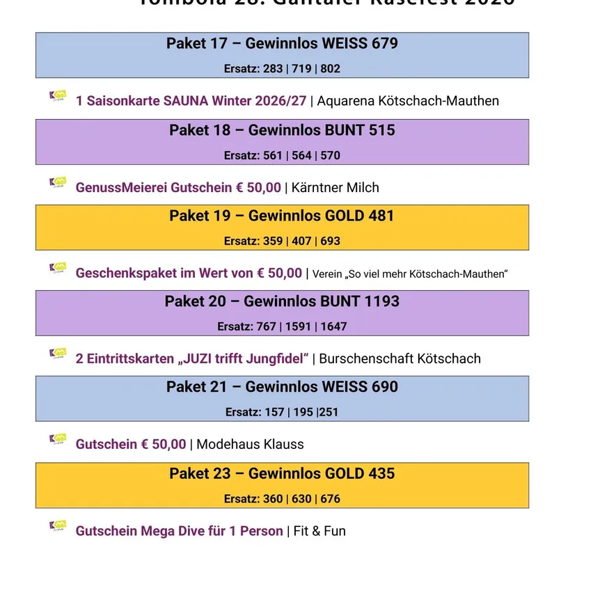Ein Plakat, das eine Lotterie-Veranstaltung ankündigt, das Gailtaler Käsefest 2026, mit verschiedenen Preisen aufgelistet, einschließlich einer Sauna-Jahreskarte, Gutscheinen und Tickets.