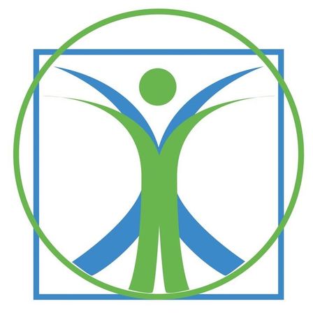 Eine grüne Menschenfigur mit ausgestreckten Armen in einem blauen Quadrat und einem grünen Kreis, das Einheit und Wachstum symbolisiert.