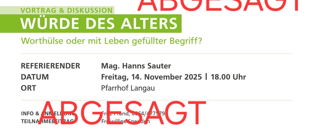 Ein Veranstaltungsposter für eine Veranstaltung über die Bedeutung von Leben und Alter, organisiert von der Katholischen Bildungswerk. Es findet am 14. November 2025 um 18:00 in der Pfarrkirche Langau statt.