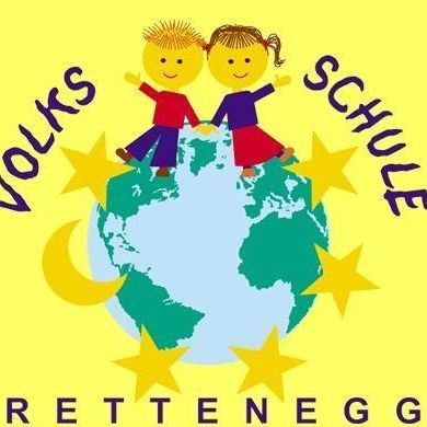 Zwei Kinder stehen auf einem Globus, umgeben von gelben Sternen, mit dem Text 'Volksschule Rettenegge' in Fettschrift oben und unten.