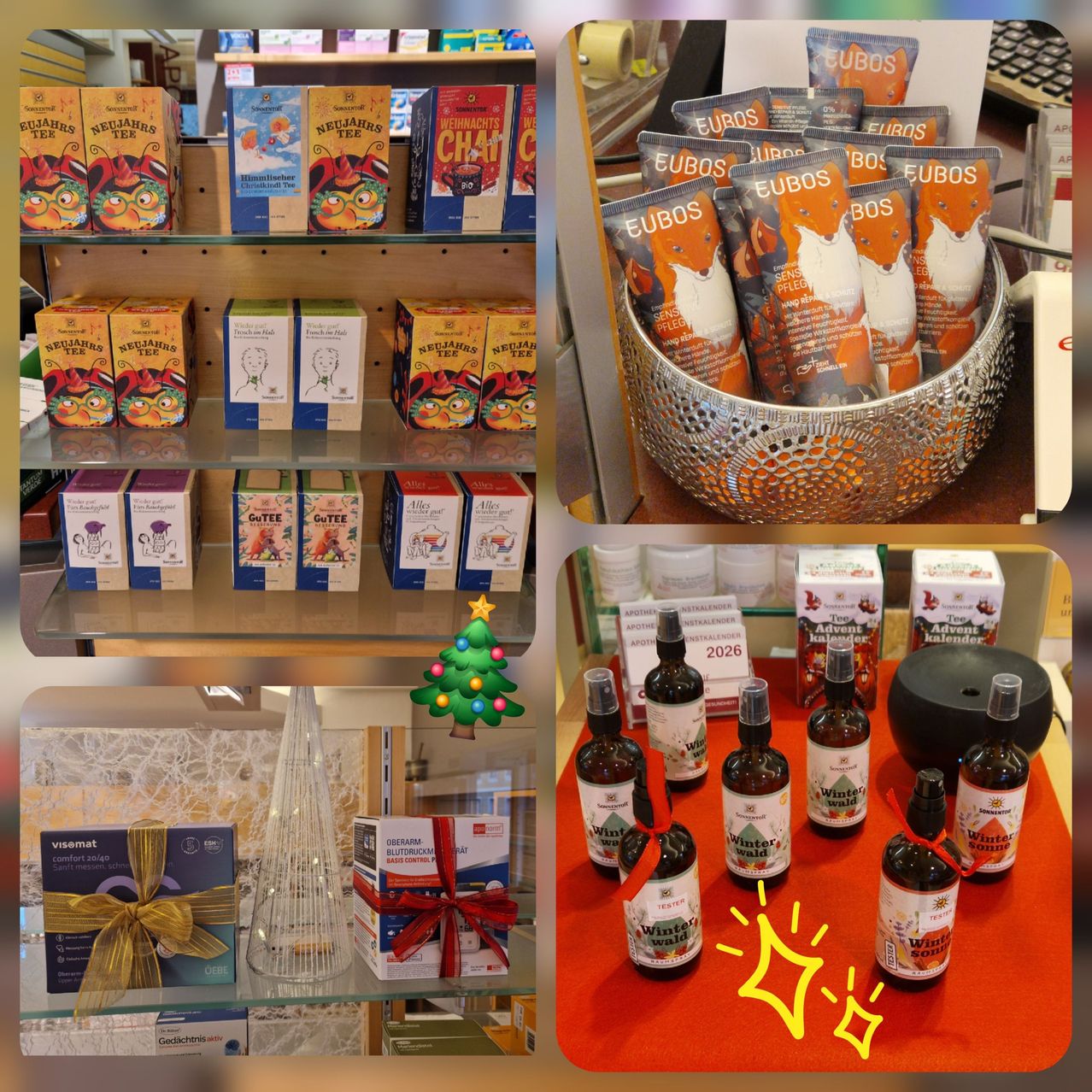 Eine Collage von Artikeln zum Verkauf in einem Geschäft, darunter verschiedene Teeschachteln, ein Korb mit verpackten Snacks, ein Weihnachtsbaum und verpackte Geschenke sowie Flaschen mit Winterdüften.