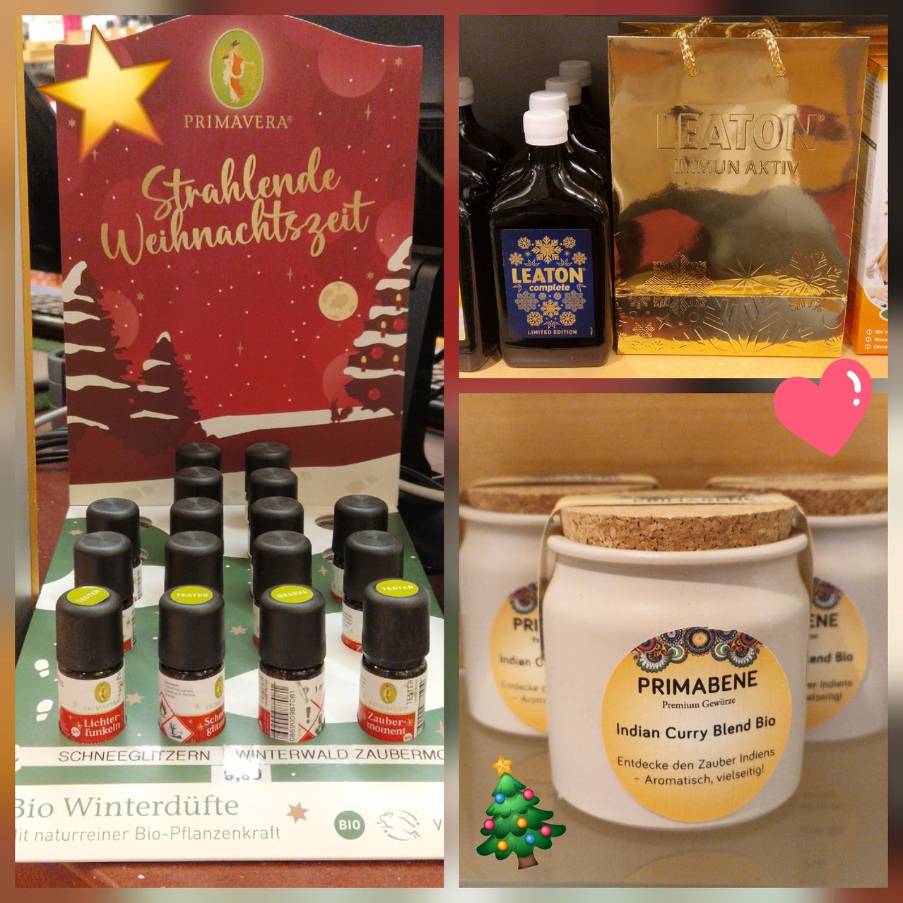 Eine Collage mit verschiedenen Produkten. Links eine Box 'Strahlende Weihnachtszeit' von Primavera. Rechts ein Glas der Kerze 'Indian Curry Blend Bio'. Oben Flaschen 'Leaton Complete Limited Edition'.