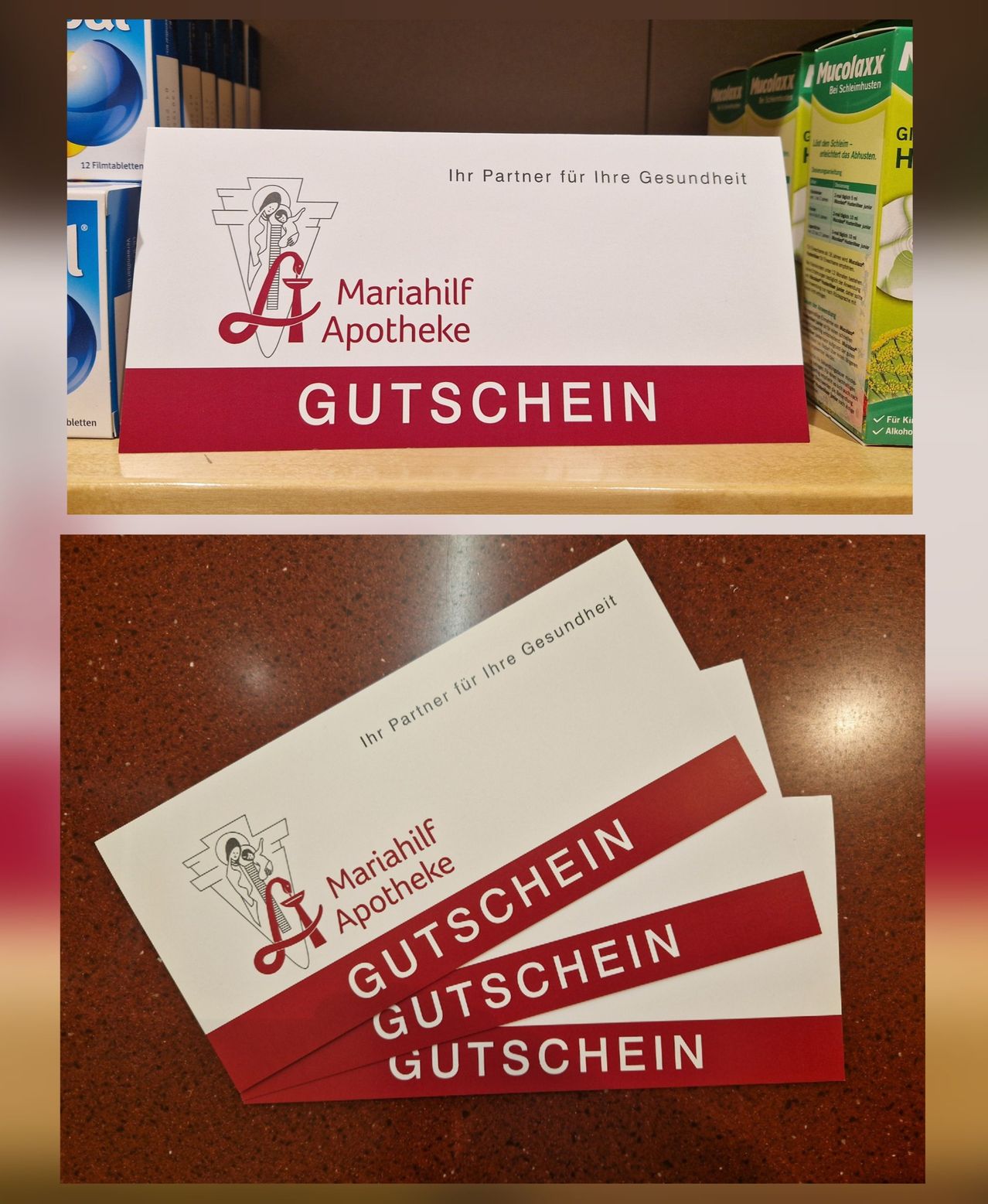 Eine Fotocollage zeigt Mariahilf Apotheke Gutscheine auf einem Regal und auf einer braunen Oberfläche. Die Gutscheine sind in Rot und Weiß gehalten.
