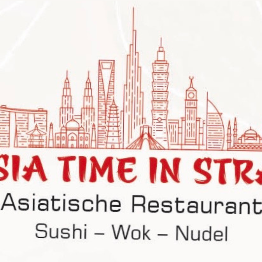 Eine Illustration asiatischer Skylines in Rot. Darunter steht 'ASIA TIME IN STRAB'. Darunter folgen 'Asiatische Restaurant' und 'Sushi - Wok - Nudel'.