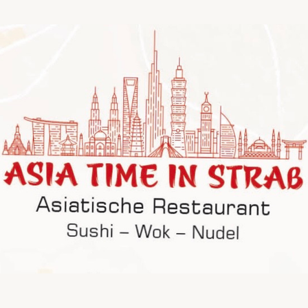 Das Bild zeigt eine asiatische Skyline mit verschiedenen Gebäuden und einem Logo für 'Asia Time in Strab' mit asiatischer Küche.