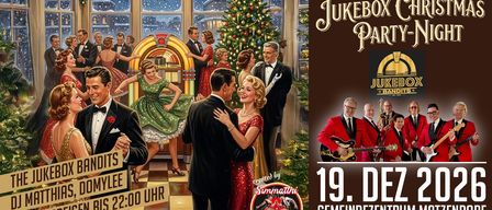 Eine festliche Szene mit tanzenden Paaren um einen Weihnachtsbaum herum, mit einem Jukebox und einem Vintage-Setting. Es enthält die Zeit 19:00 und der Eintritt kostet 18.