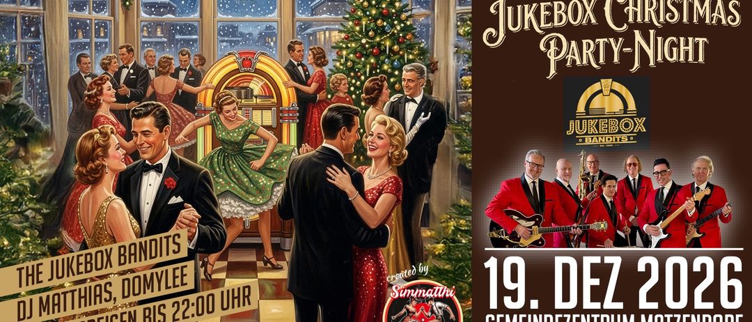 Eine festliche Szene mit tanzenden Paaren um einen Weihnachtsbaum herum, mit einem Jukebox und einem Vintage-Setting. Es enthält die Zeit 19:00 und der Eintritt kostet 18.
