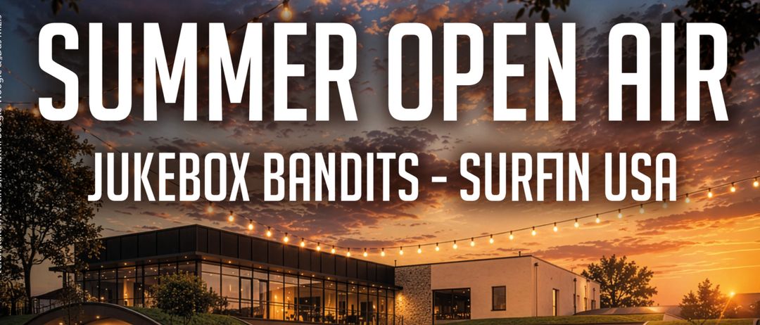 Plakat für die Live-Band JukeBox Bandits am 22. August 2026. Die Musiker sind in roten Anzügen gekleidet und spielen Gitarren und Trommeln.