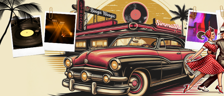 Eine Retro-Illustration eines klassischen Autos mit einem tanzenden Paar davor, umgeben von Fotos einer Disco, einer Schallplatte und einem Neonschild.