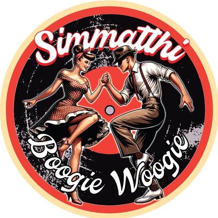 Eine Illustration eines Mannes und einer Frau, die auf einer Schallplatte Boogie-Woogie tanzen, beschriftet mit 'Simnathi'.