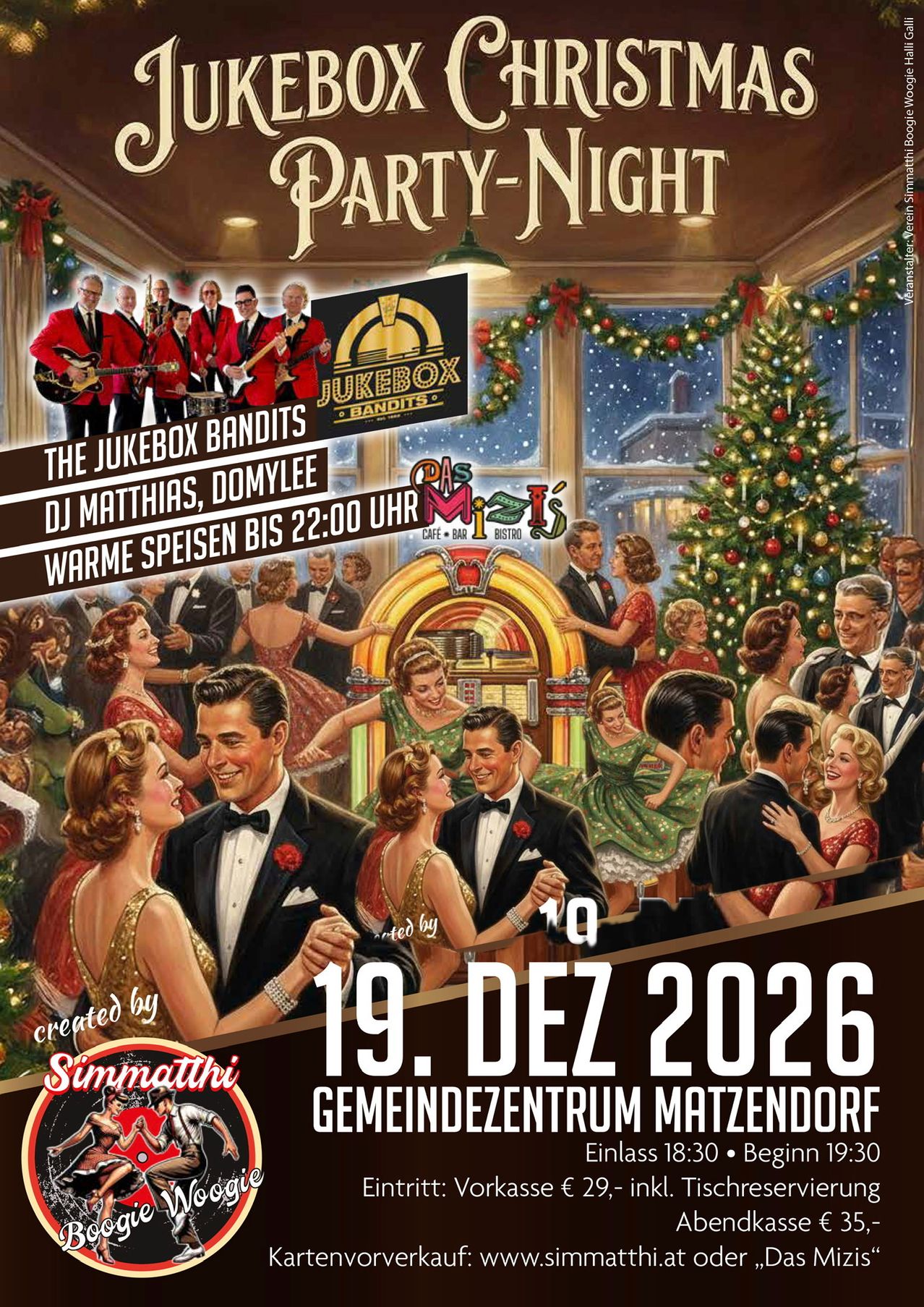 Ein Plakat für eine Partynacht am 19. Dezember 2026 mit tanzenden Paaren, einem Jukebox, und festlichen Dekorationen. Die JukeBox Bandits treten auf.
