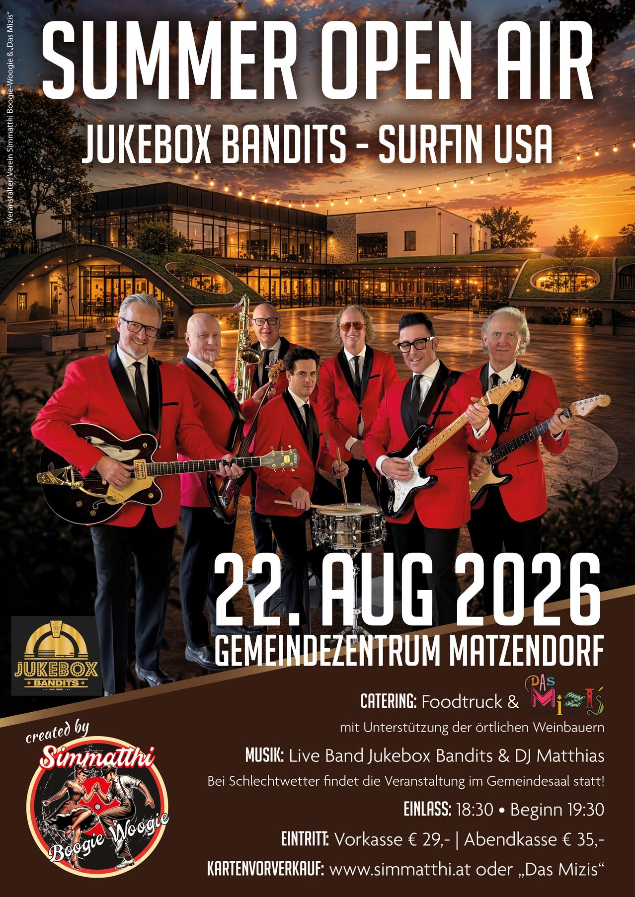 Plakat für das Jukebox Bandits-Surfin' UsH-Event am 22. August 2026 mit den Bandmitgliedern in roten Anzügen, die Instrumente spielen. Der Veranstaltungsort ist Gemeindezentrum Matzendorf.