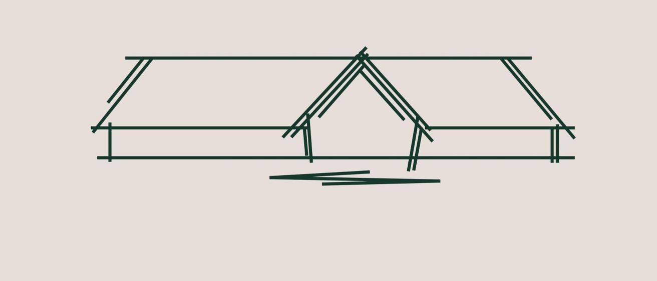 Eine minimalistische Linienzeichnung eines Hauses mit einem schrägen Dach, vor einem hellen Hintergrund. Die Struktur ist einfach, mit klaren, geraden Linien.