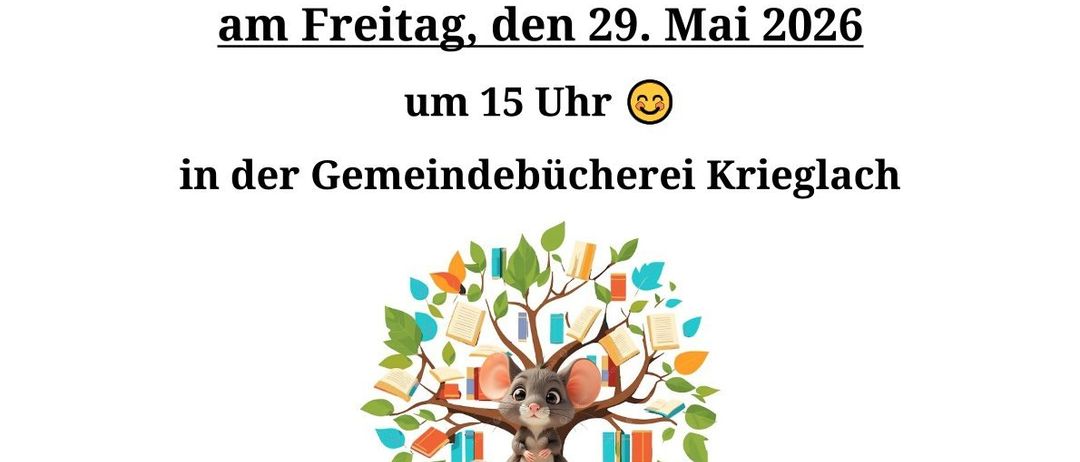 Einladung für Oma, Opa & Co zum Vorlesen am Freitag, den 29. Mai 2026, um 15 Uhr in der Gemeindebuecherei Krieglach. Eine Maus sitzt auf Büchern und betont die Freude am Lesen.