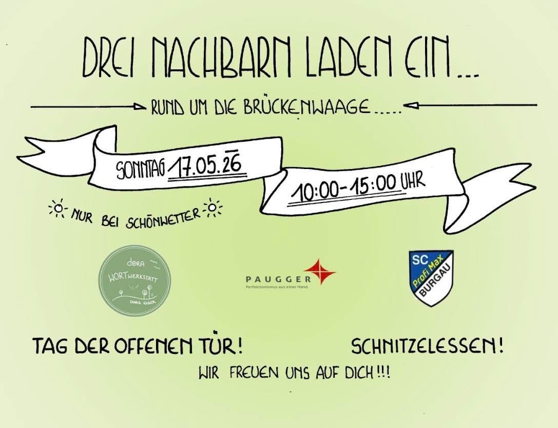 Einladung für Nachbarn, sich rund um die Brückenwaage zu treffen. Datum: 17.05.26. Zeit: 10:00-15:00. Bei schönem Wetter. Logos und Text in Deutsch. Der Slogan der offenen Tür wird von einer aufgeregten Einladung gefolgt.