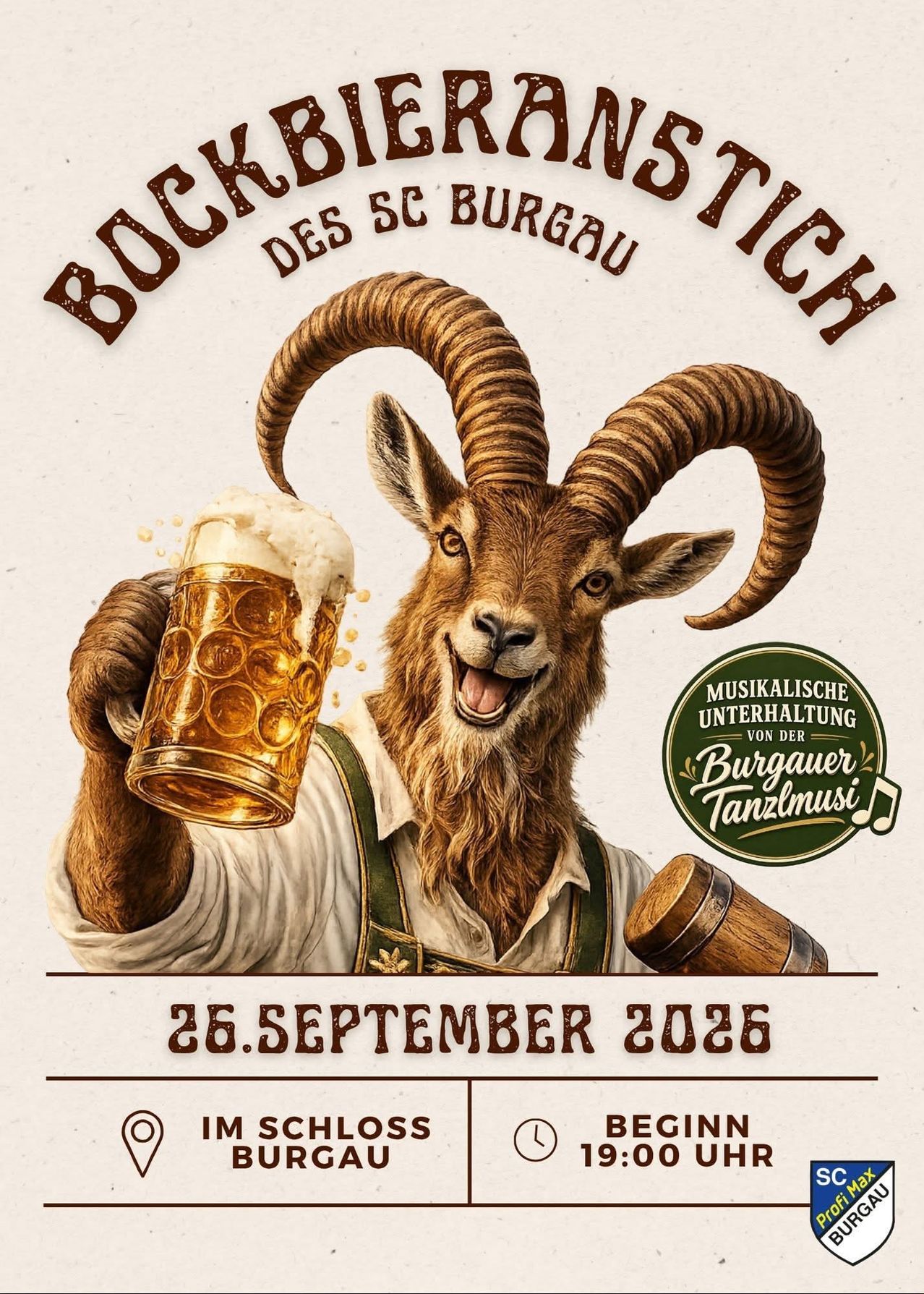Ein in einen grünen Apron gekleideter Widder hält ein Bierglas mit Schaum an den Lippen und lächelt. Das Bild bewirbt eine Veranstaltung mit dem Titel 'Buckel des SC Burgau Stick'. Das Datum ist der 28. September 2026.